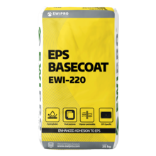 25kg bag of EWI Pro EPS Basecoat (EWI-220), a dual-purpose adhesive and basecoat specifically formulated for EPS systems. Available at EWI Store, this vapour-permeable and hydrophobic solution guarantees excellent adhesion and system durability.